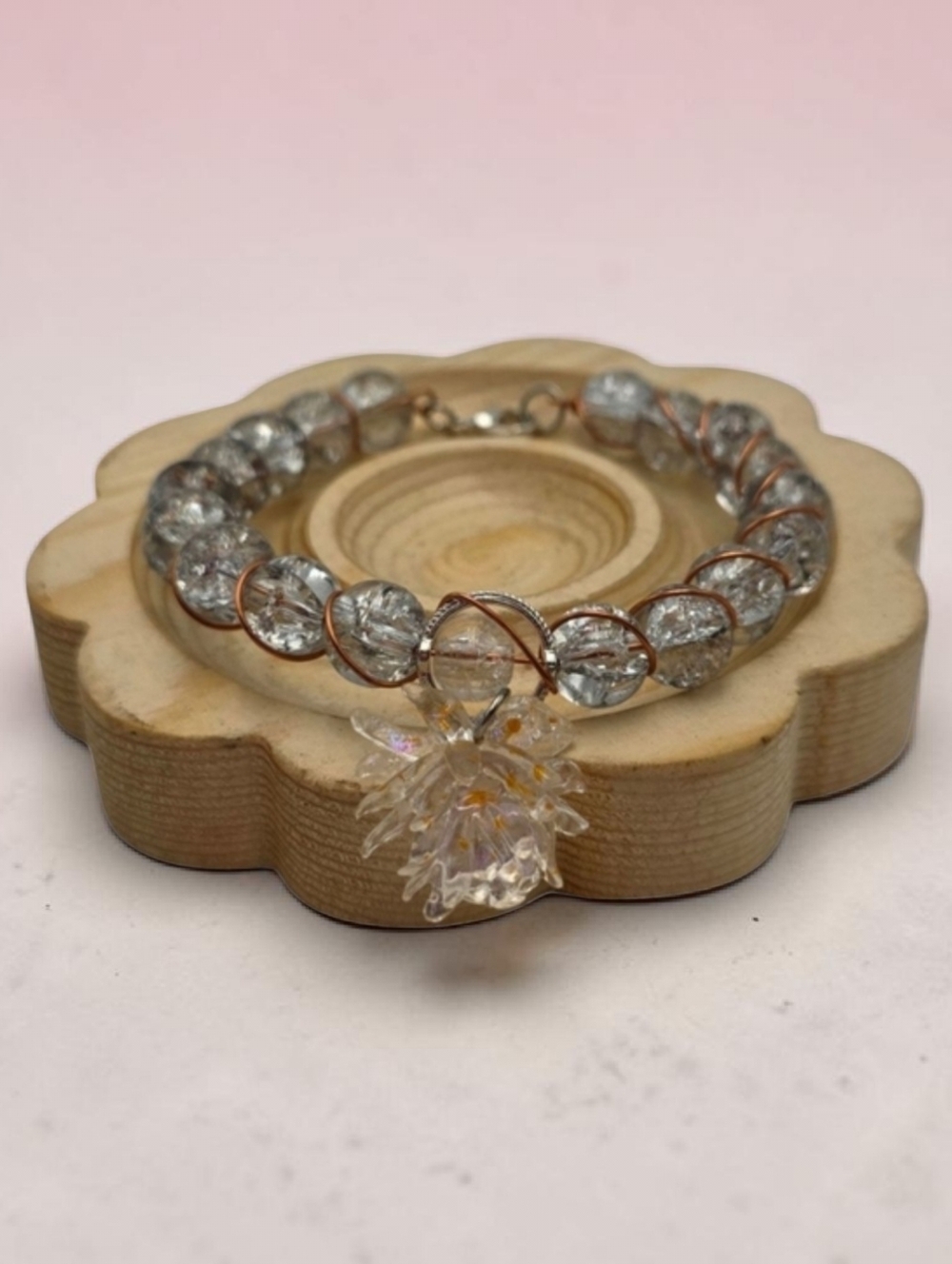 Clear Cracked Glass Beaded Bracelet – Copper Wire Wrapped Handmade